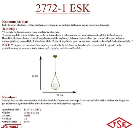 Opal Camlı Tekli Eskitme Avize