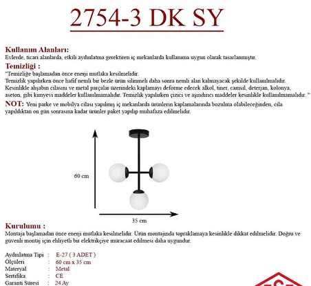 Opal Camlı 3lü Siyah Avize