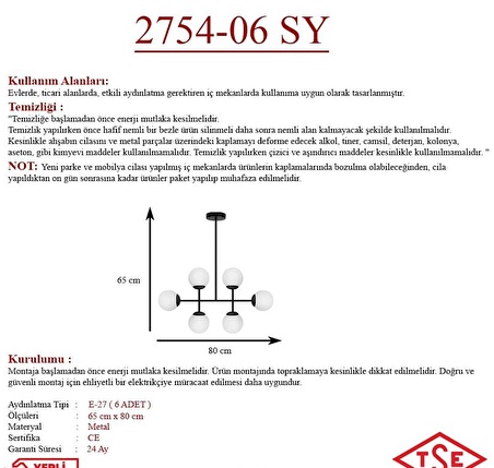 Opal Camlı 6lı Siyah Avize