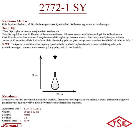 Opal Camlı Tekli Siyah Avize