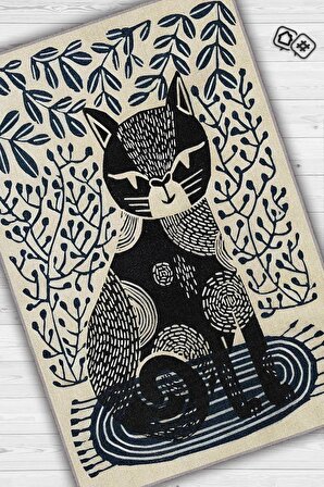 Homshtag Kedi Sanatı, Mavi Renkli Kedi Desenli Modern Oturma Odası Halısı, İskandinav Tarzı Sade Salon Halısı, Pamuklu Dokuma Tabanlı Yıkanabilir Dekoratif Bej Modern Halı Kedi Sever Halısı 