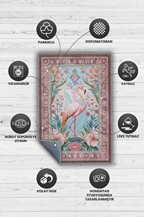 Homshtag Nuh'un Gemisi Koleksiyonu Flamingo Temalı Çiçek Desenli Vintage Pembe Renkli Konsept Halı