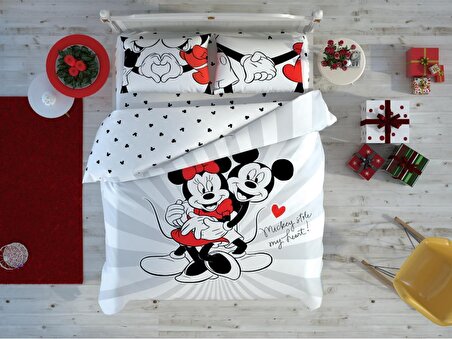 Taç Disney Minnie Mickey Love Day Lastikli Çarşaflı Çizgi Kahraman Pamuk Çocuk Nevresim Takımı