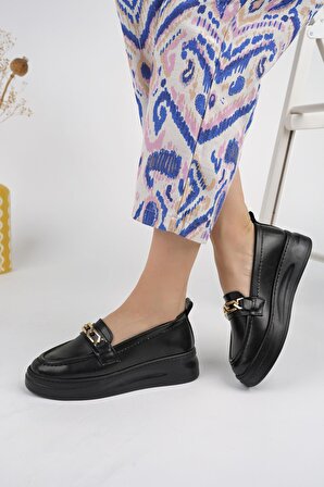 Muggo LYDİA Garantili Kadın Loafer Oval Burunlu Kalın Taban Tokalı Günlük Makosen Ayakkabı