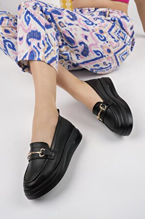 Muggo SANTA Garantili Kadın Loafer Oval Burunlu Kalın Taban Tokalı Günlük Makosen Ayakkabı