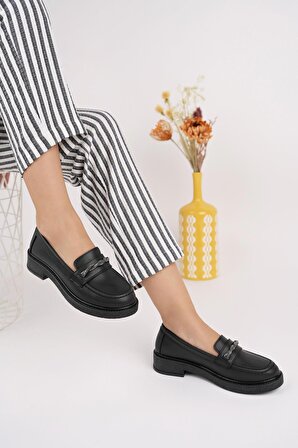 Muggo CRİSTAL Garantili Kadın Loafer Kalın Taban Taşlı Günlük Casual Rahat Ayakkabı