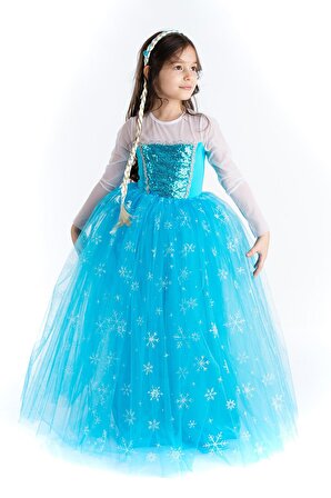 Kız Çocuk Mavi Elsa Kostümü Tarlatanlı Saç Hediyeli