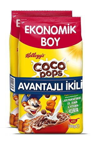 Kellogg's Coco Pops Çikolatalı Buğday ve Mısır Gevreği 700 Gr x2 Adet Avantajlı Paket, Lif Kaynağı