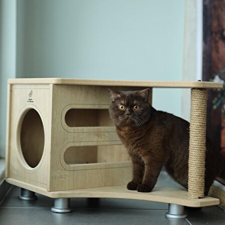 Woofy Pet Furniture Su Geçirmez Tek Katlı Tırmalama Tahtalı Kedi Evi Açık Kahverengi 