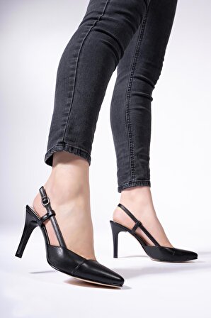 Hakiki Deri Kadın Kemerli Stiletto Arkası Açık Topuklu Ayakkabı 