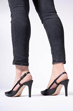 Hakiki Deri Kadın Kemerli Stiletto Arkası Açık Topuklu Ayakkabı 