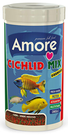 Amore Cichlid Mix Granules 250 ml 42-Protein Algae, Sarımsak, Mineraller, Spirulina Malawi Balık Yemi
