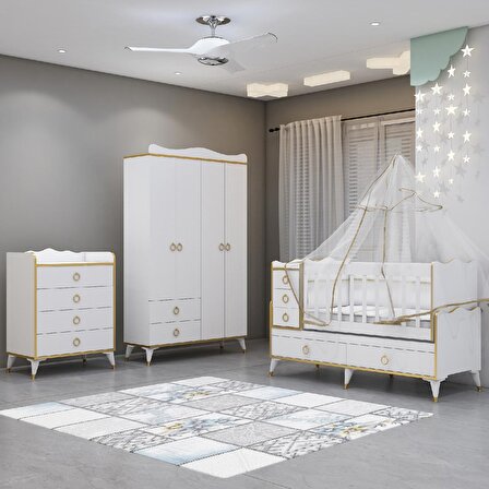 Alya Gold Yıldız 4 Şifonyer Bebek Odası - Yatak Uyku Seti Kombin-UYKU SETİ-BEYAZ