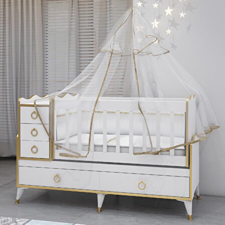 Alya Gold Yıldız 4 Komodin Bebek Odası- Yatak Uyku Seti Kombin-UYKU SETİ-BEYAZ