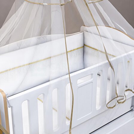 Garaj Home Sude Gold Şeritli Çocuk Odasına Dönüşen Beyaz Standart Beşik + Mavi Uyku Seti