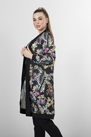 Siyah Bilieği Ve Yakası Lastik Detaylı Çiçek Desenli Kimono 0808993.01