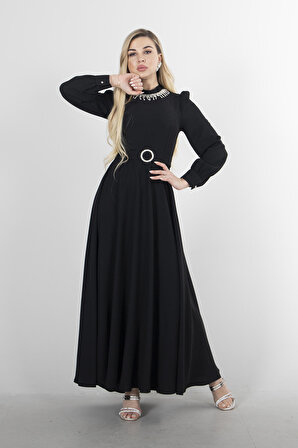Siyah Yakası Taş İşlemeli Elbise 4593201.01