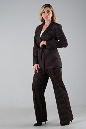 Siyah Çizgili Cepli Blazer Ceket Palazzo Pantolon İkili Takım  0106320.01