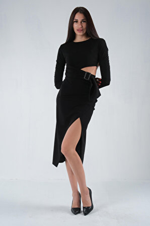 Siyah Yırtmaçlı Tokalı Elbise 0104025.01