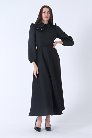Siyah Kemer Bağlamalı Kloş Elbise 4593260.01