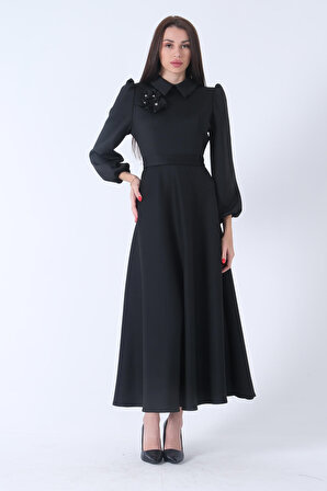 Siyah Kemer Bağlamalı Kloş Elbise 4593260.01