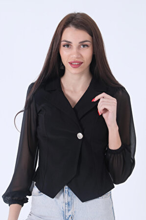 Siyah Tek Düğmeli Transparan Kol Kruvaze Yaka Bluz 4202672.01