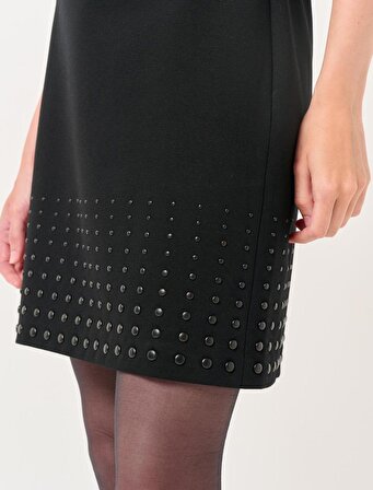 Jimmy Key Siyah Sıfır Yaka Dirsek Kol Taşlı Mini Elbise