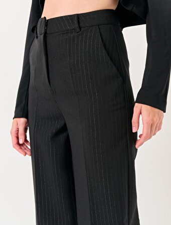 Jimmy Key Siyah Yüksek Bel Bol Paça Çizgili Şık Kumaş Pantolon