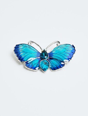Jimmy Key Mavi Taşlı Kelebek Figürlü Broş