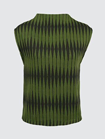 Jimmy Key Nefti Yeşili Sıfır Yaka Kolsuz Desenli Bluz