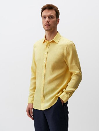 Jimmy Key Sarı Düz Kesim Uzun Kollu Erkek Keten Gömlek