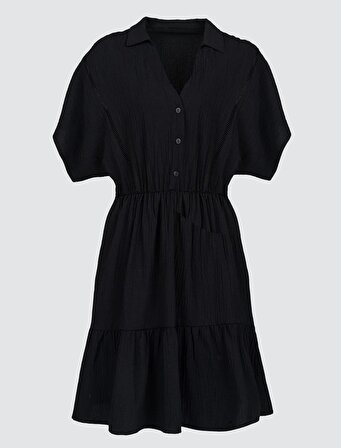 Jimmy Key Siyah Gömlek Yaka Kısa Kollu Mini Elbise