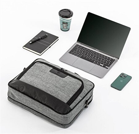 Modern 15.6” Su Geçirmez Kumaş Ve Fermuar Koruyuculu Macbook Notebook Laptop El Çantası Gri