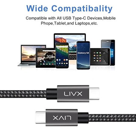LivX Solid 100w 5a Type C To Type C PD 2.0 5 Gbps 25 CM Hızlı Şarj Ve Data Kablosu Halat Örgülü Space Gray TCT-25