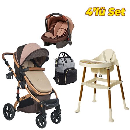 Joell Bebek Arabası, Mama Sandalyesi ve Bebek Bakım Çantası Seti - Kahve