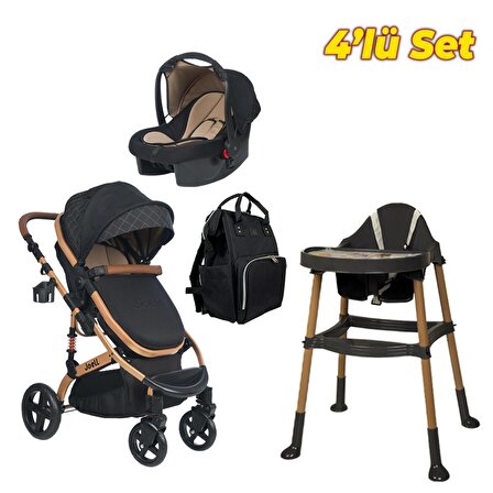 Joell Bebek Arabası, Mama Sandalyesi ve Çanta Seti - Siyah - Yağmurluk Hediye