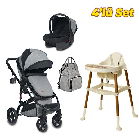 Joell Bebek Arabası, Mama Sandalyesi ve Çanta Seti - Gri - Yağmurluk Hediye