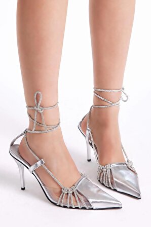 Tonny Black Kadın Gümüş Gecce Serisi Taş İşlemeli Sivri Burunlu Topuklu Ayakkabı
