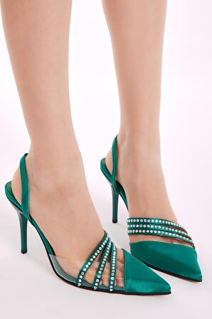 Tonny Black Kadın Yeşil Gecce Serisi Taş İşlemeli Sivri Burunlu Topuklu Ayakkabı