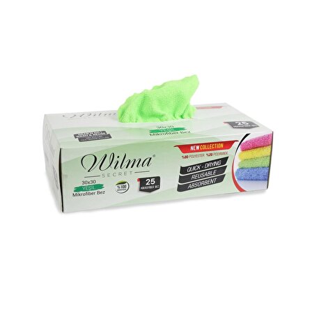 Wilma Secret Mikrofiber Temizlik Bezi Kutulu 25 Adet – Yeniden Kullanılabilir Mikrofiber Bezler 30X30CM 180GSM - Yeşil – Araç, Mutfak, Banyo, Ofis