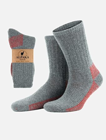 Unisex Alpaka Yünü Havlu Kışlık Gri/kırmızı Soket Çorap - A-6005
