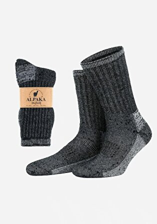 Unisex Alpaka Yünü Havlu Kışlık Antrasit/ekru Soket Çorap - A-6006
