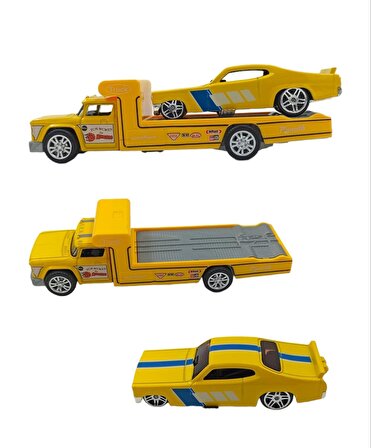 Metal Araba Çekici / Metal Araba Seti Sürtmeli Metal Araba 8cm. Araba Taşıyıcı 12cm. 8cm Sarı