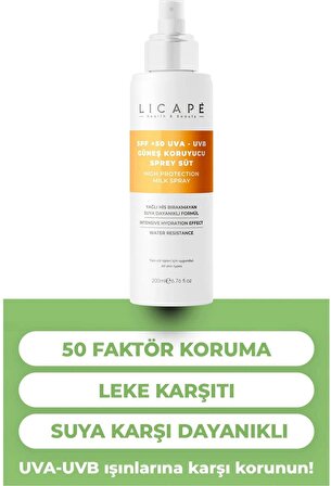 Licape SPF 50+ UVA - UVB Güneş Koruyucu Sprey Süt 200 ml