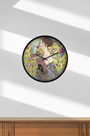 Gustav Klimt - Lady With Fan El Yapımı Ahşap Duvar Saati