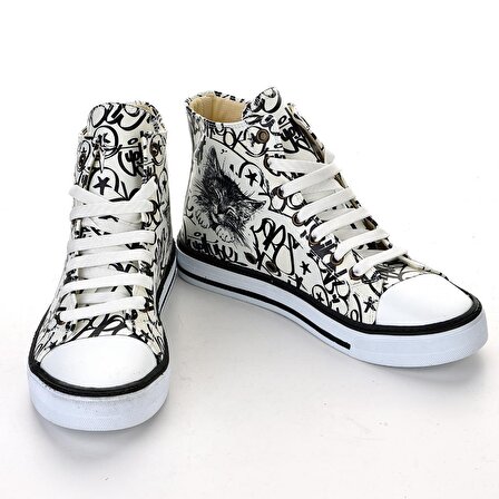 Kedili Beyaz Siyah Unisex Spor Ayakkabı Günlük Bot Dikişli Sneakers 7124