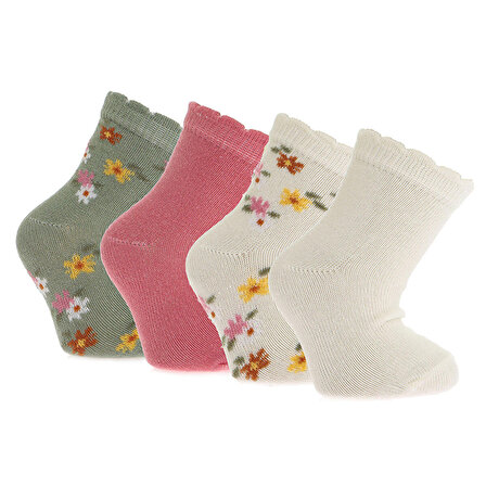 Albio Çiçek Desenli 4'lü Soket Çorap 4lü Soket Çorap Kız Bebek