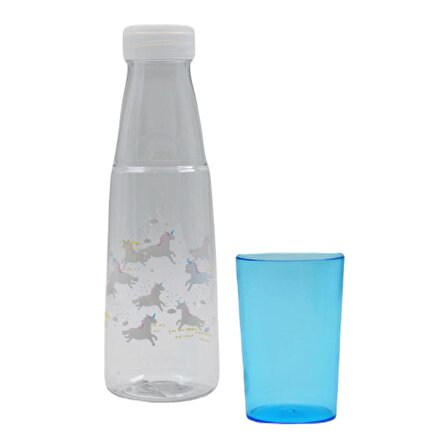 BottleBoss Renkli Bardaklı Desenli Sızdırmaz Kapaklı Su Şişesi Matara 600 Ml Mavi