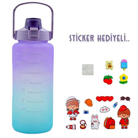 BottleBoss Pastel Renk Geçişli Sızdırmaz Kapak Motivasyon Matarası 2 Litre Sticker HEDİYELİ Mor