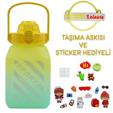 BottleBoss Kare Spor Model Taşıma Askılı Pipetli Motivasyon Matarası 1,5 Litre Sticker HEDİYELİ Sarı